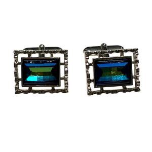 Vintage Mid Century Silver Cufflinks Textured Faceted aqua blue green centers